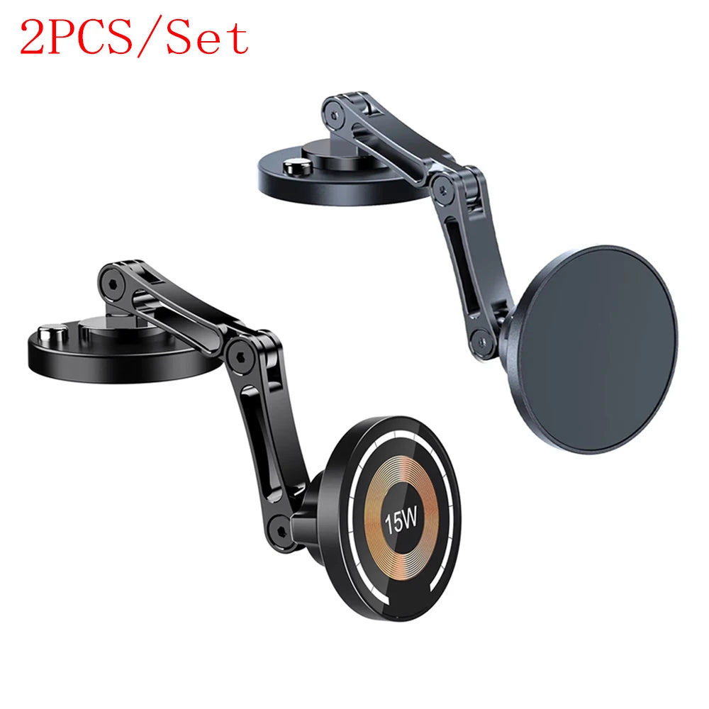 Set of two black, foldable magnetic car phone mounts with adjustable arms and 15W wireless charging pads.