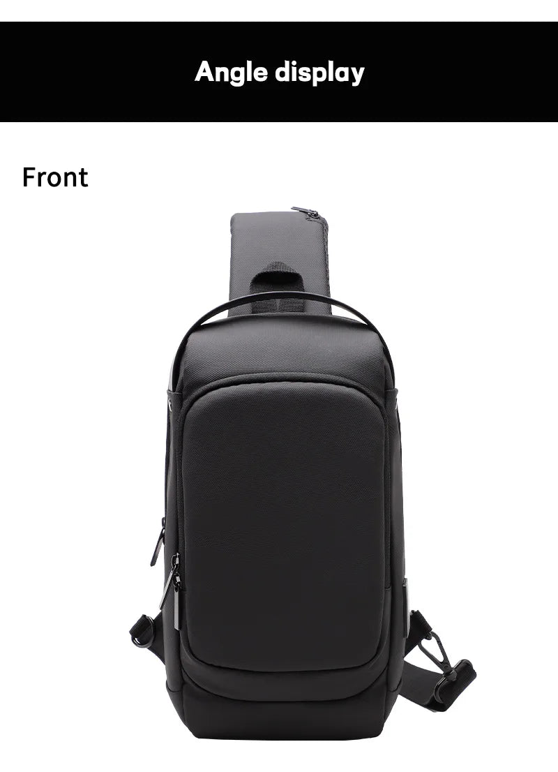 Front view of a sleek, black waterproof crossbody sling bag with a structured design and adjustable shoulder strap.