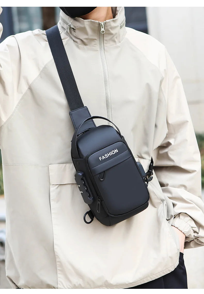 A man wearing a black anti-theft crossbody sling bag with a secure combination lock and integrated USB charging port.