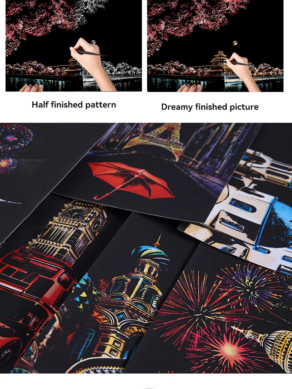 A collection of black scratch art boards featuring colourful cityscapes, landmarks, and fireworks designs.