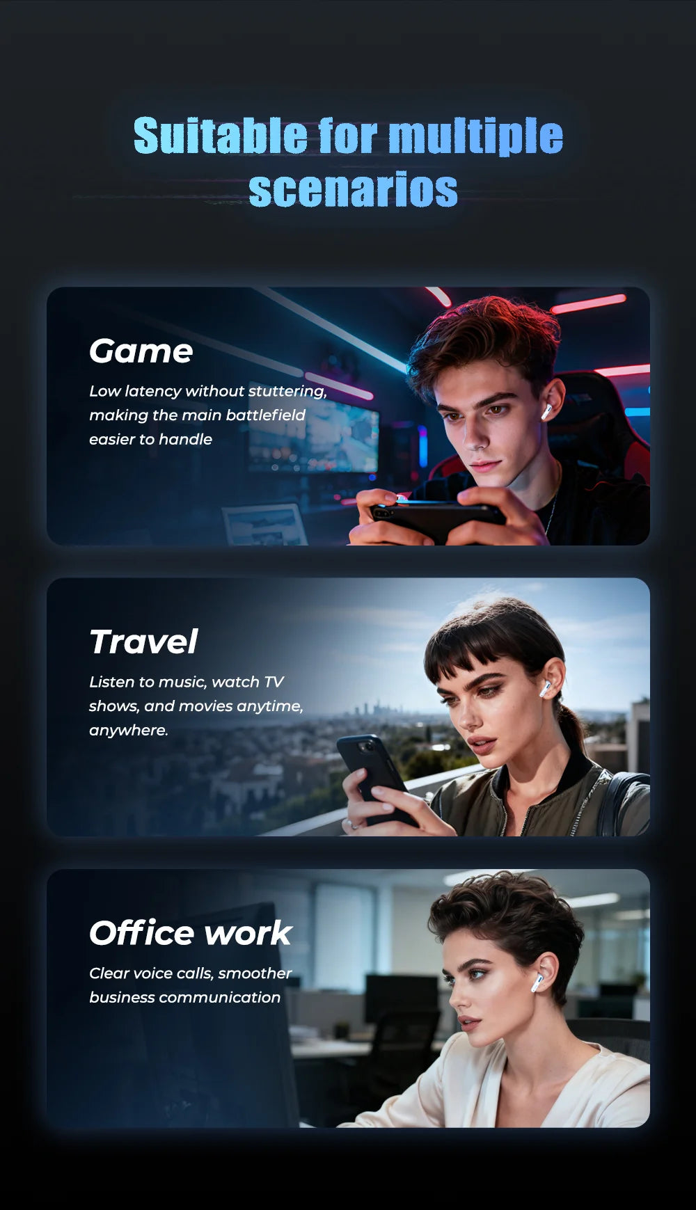 White wireless earbuds shown in use for gaming, travel, and office work by three different people.