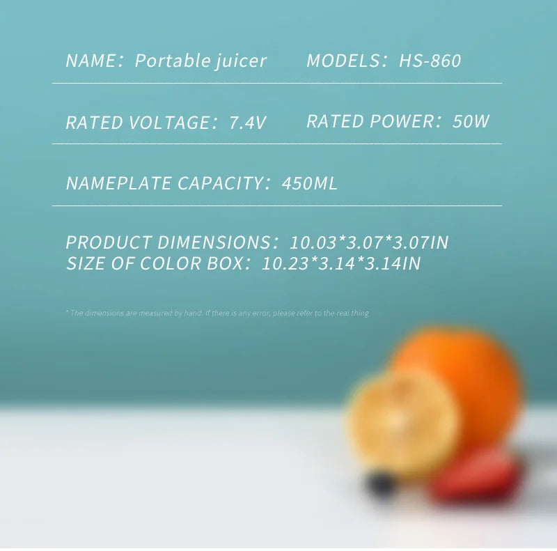 Text on a light blue background detailing specifications for a 450ml portable juicer.
