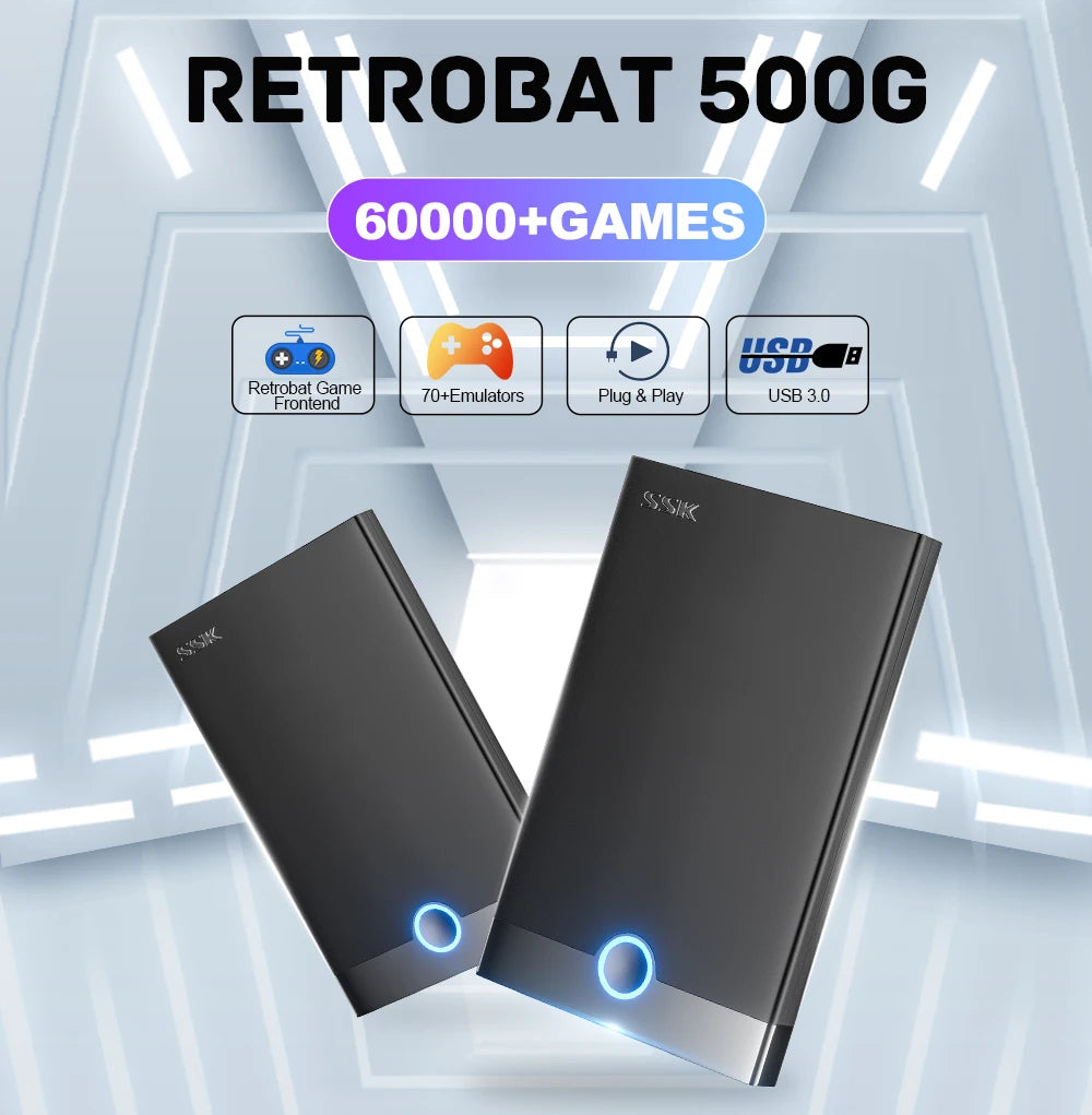 Two black portable gaming hard drives with glowing blue indicator rings and SSK branding.