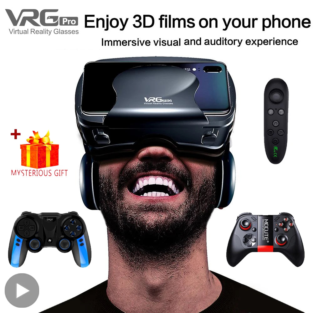 Black virtual reality headset with a smartphone, remote control, and two game controllers.