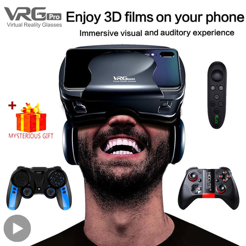 Black virtual reality headset with a smartphone, remote control, and two game controllers.
