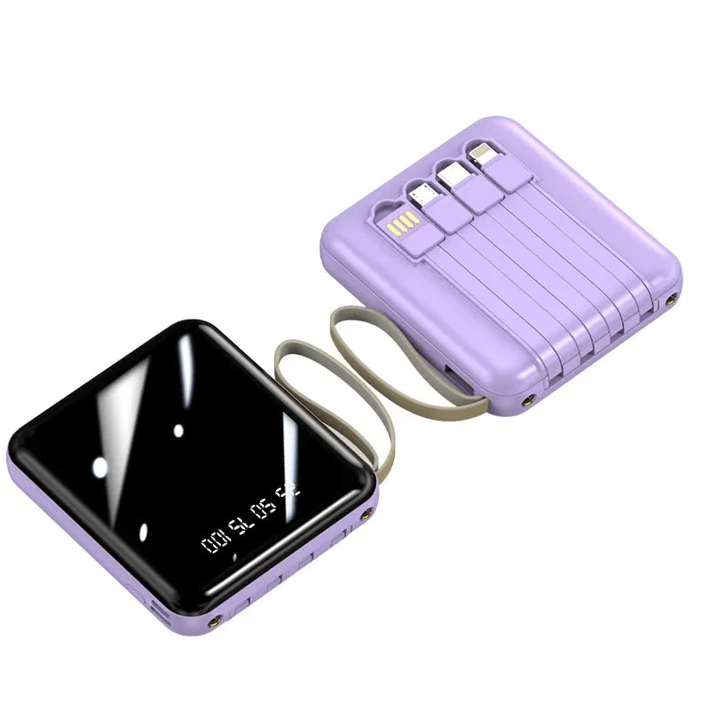 Lavender 20000mAh power bank with a digital display, integrated charging cables and a carry loop.
