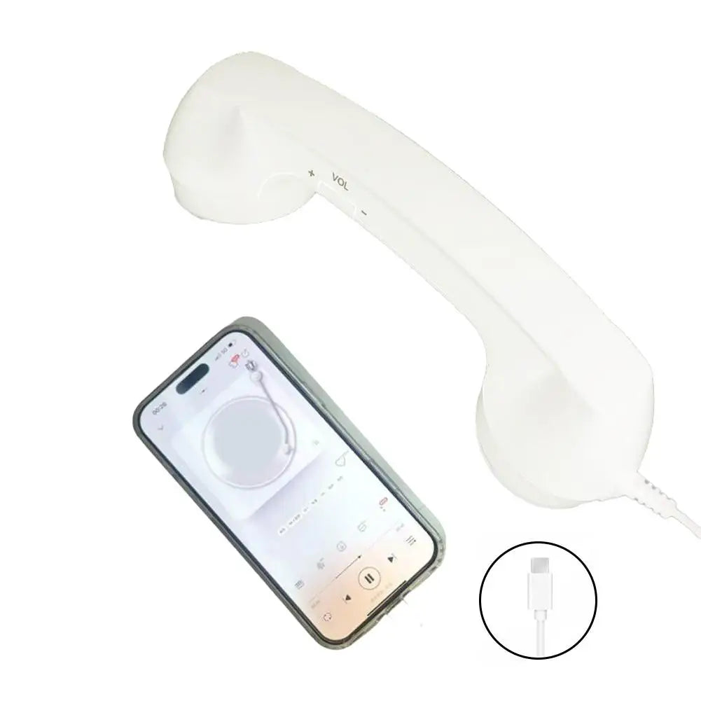 White retro-style telephone handset for smartphones, featuring integrated volume controls and a USB-C connector.