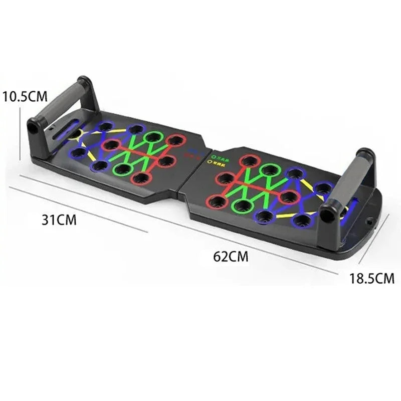 Black multi-function push-up board with removable grey handles and colour-coded slots for varied muscle targeting.