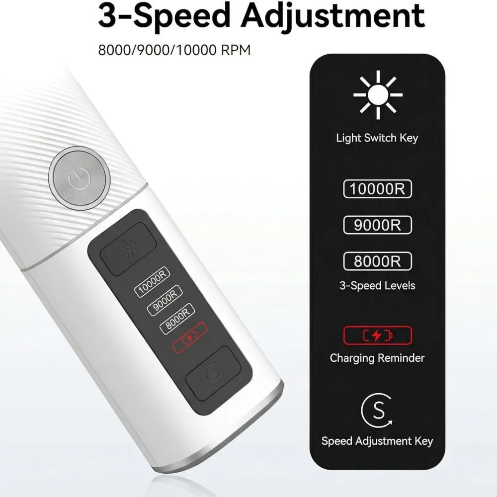White electric pet nail grinder with an LED light, showing three speed settings and a charging indicator display.
