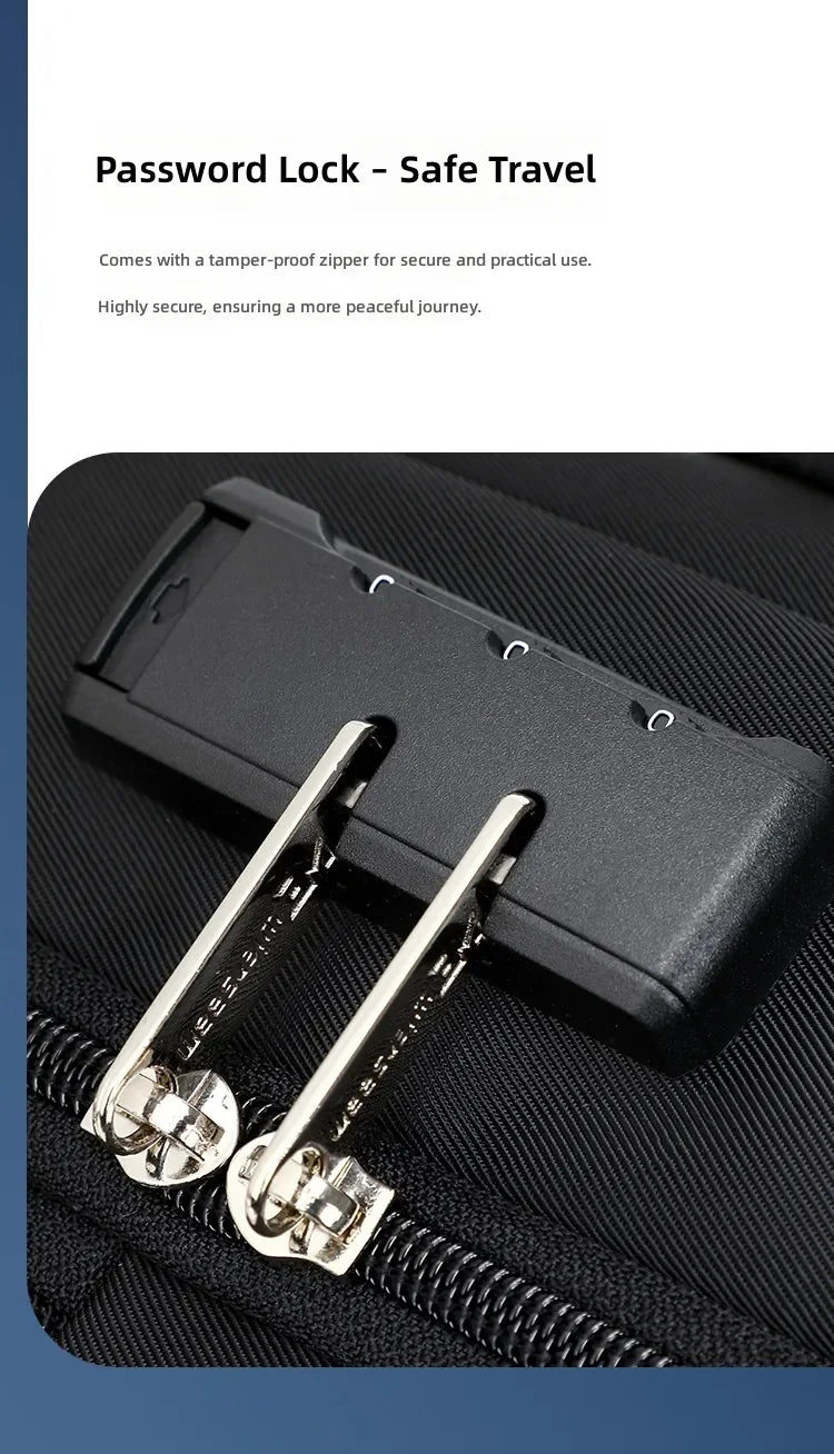 Close-up of a black travel bag featuring a secure three-digit combination lock attached to the metal zipper pulls.