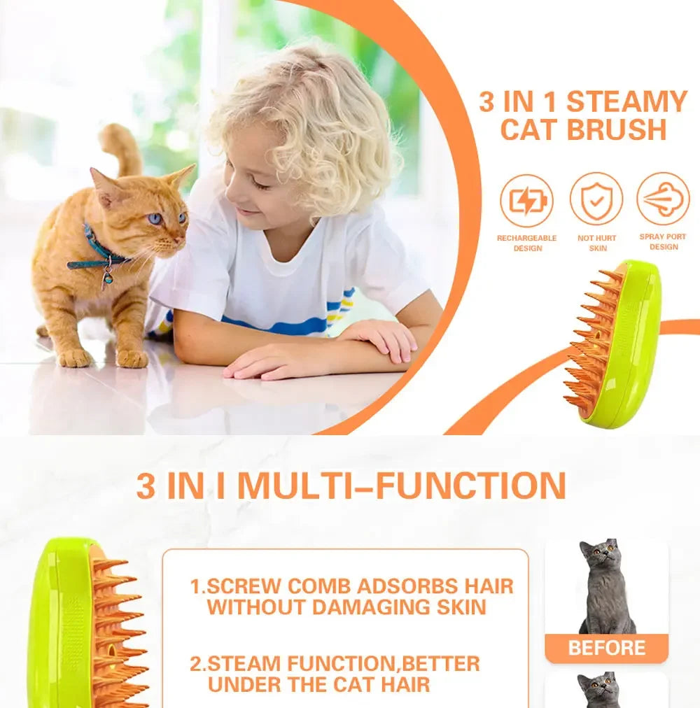 A 3-in-1 lime green and orange electric steam grooming brush for pets, shown with a child and cat.