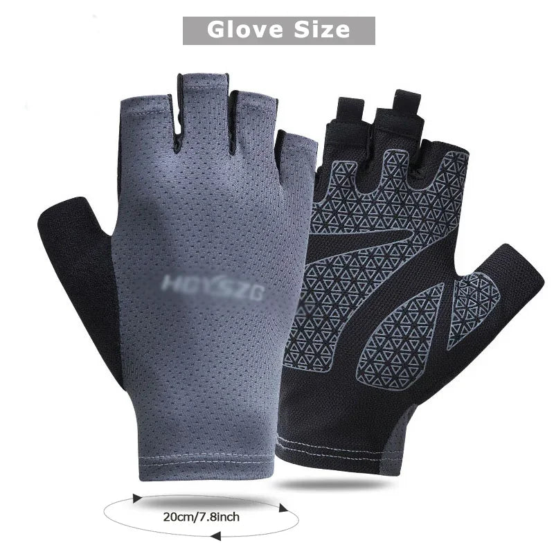 Grey and black fingerless sports gloves with a textured triangular grip pattern on the palm.