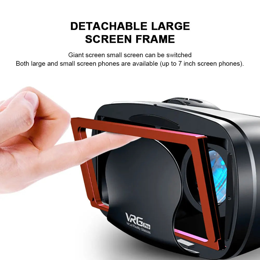 Black VR headset with a detachable metallic red rectangular frame, being held by a hand.