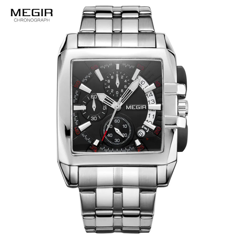 Men's square-faced chronograph watch in polished stainless steel with a black dial and silver baton markers.
