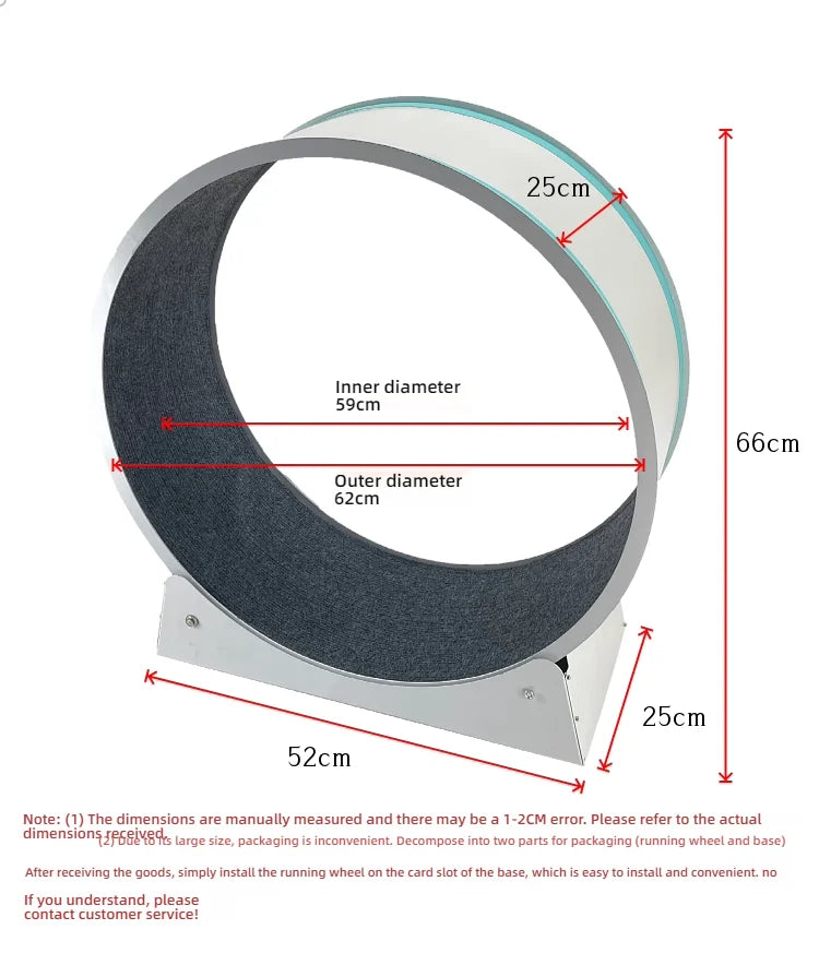 Silver interactive pet exercise wheel with a grey carpeted track, mounted on a sturdy base with detailed measurements.