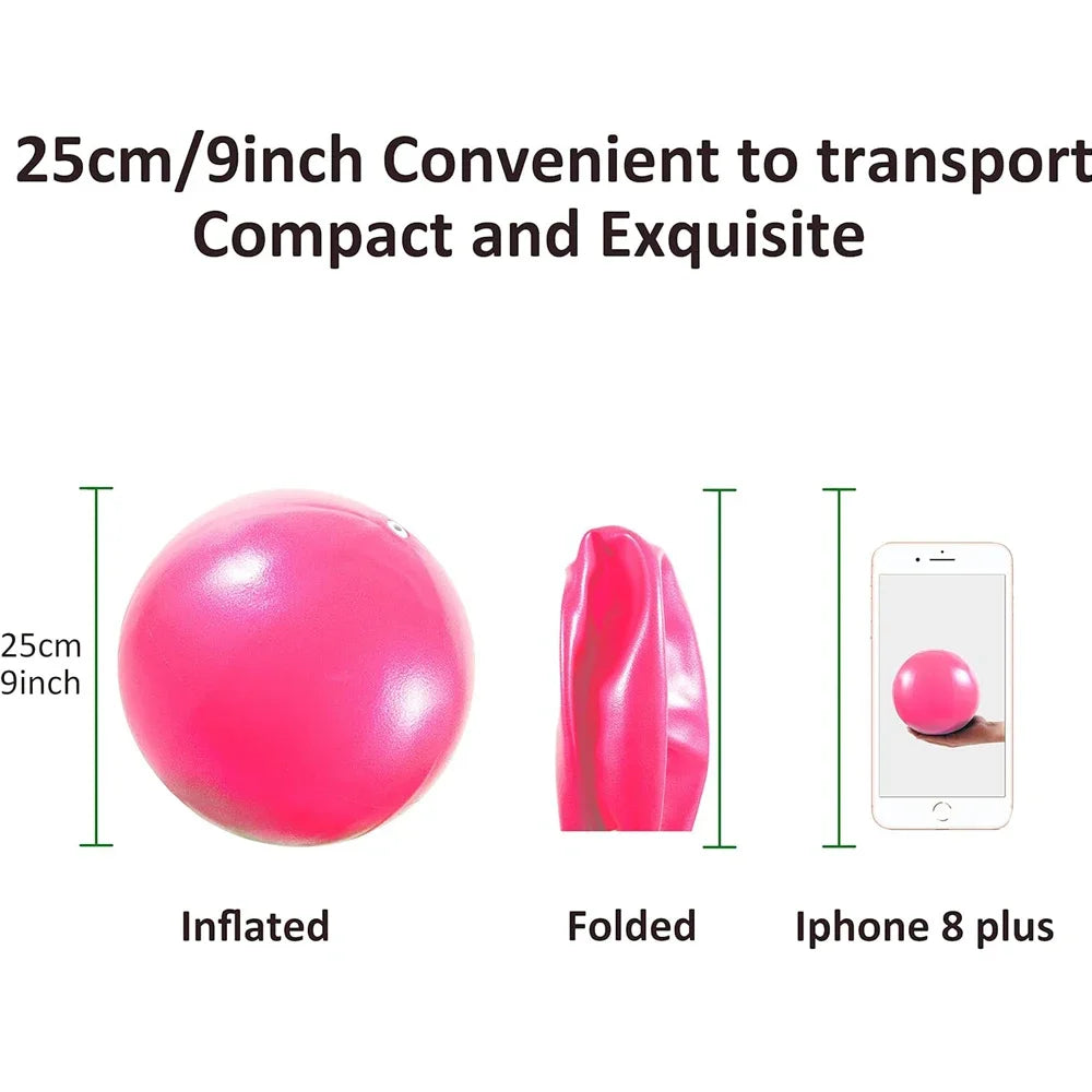 A pink 25cm yoga ball shown inflated, folded, and in scale next to an iPhone 8 plus.