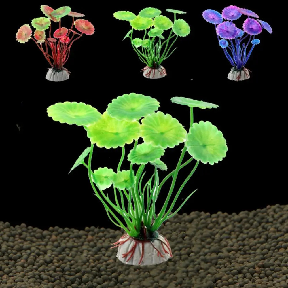 Artificial aquarium plant with round, scalloped leaves in red, green, or purple, featuring a weighted white base.