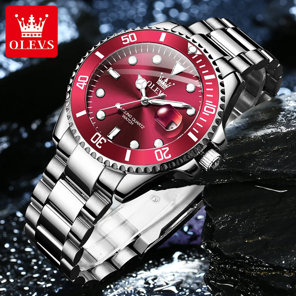 OLEVS luxury quartz sports watch with a red dial, silver bezel, and stainless steel link bracelet.