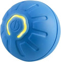 A smooth, bright blue interactive pet toy ball with a central power button surrounded by a glowing yellow light ring.