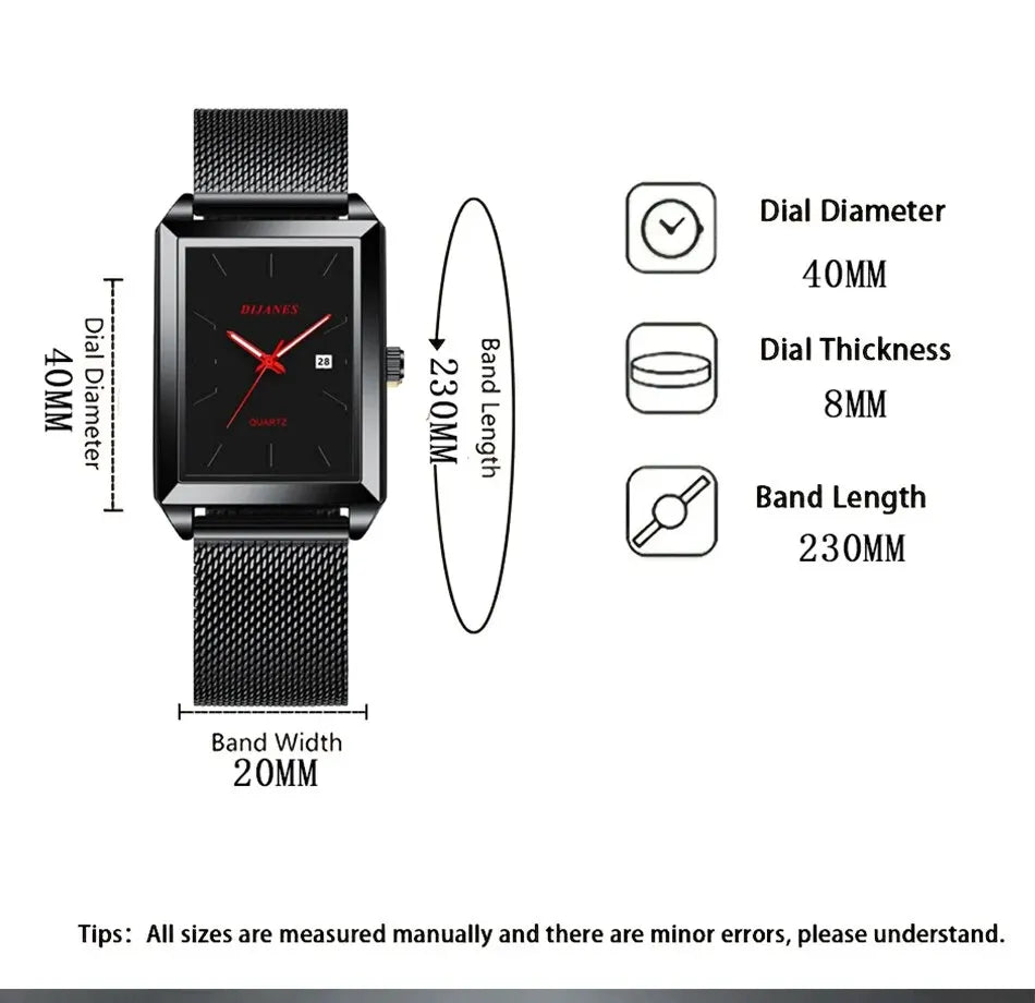 Men’s black square quartz watch with a stainless steel mesh strap, red hands, and date display, showing dimensions.