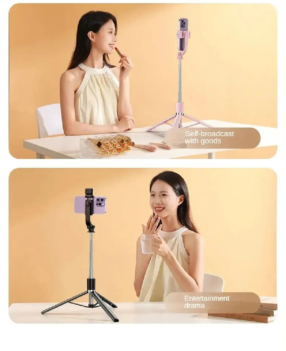 Extendable phone tripod stand with adjustable mount, available in pink or black, perfect for streaming and vlogging.