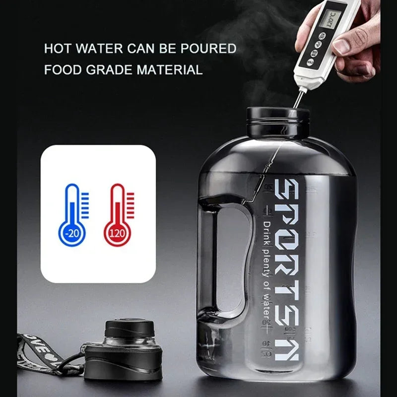 Black sports water bottle with handle, showing a digital thermometer test from -20°C to 120°C.