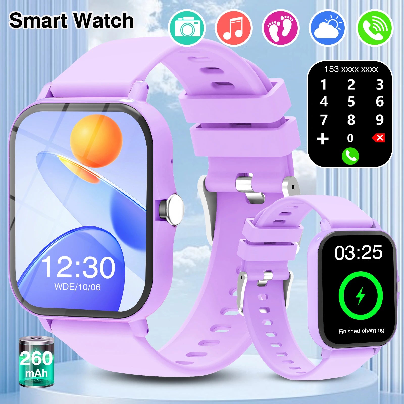 Lilac smartwatch with a square touchscreen, silicone strap, activity tracking icons, and wireless calling interface.