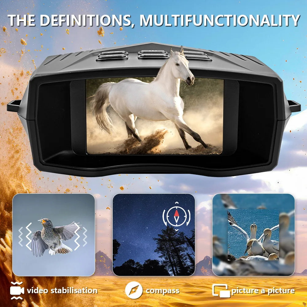 Black plastic digital night vision binoculars with a display screen, video stabilization, compass, and picture-in-picture.