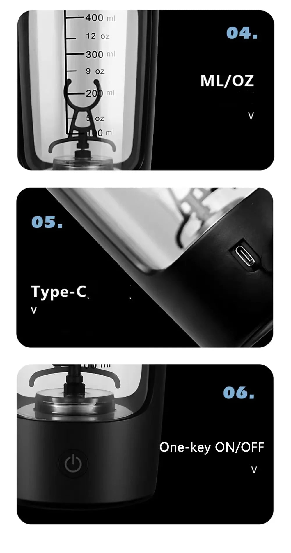 Black electric protein shaker bottle with ml/oz markings, a USB-C charging port, and a one-touch power button.