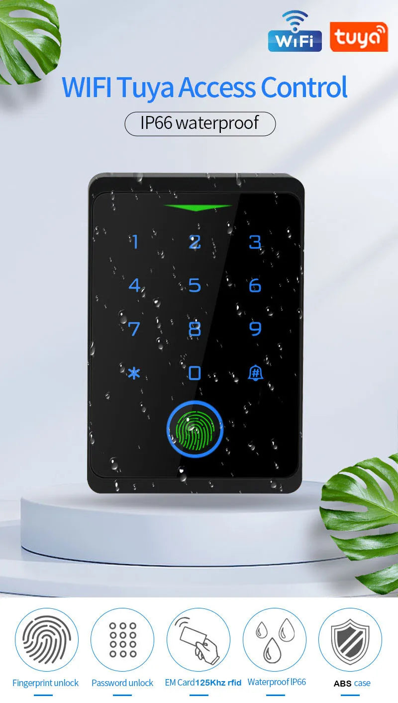 Black waterproof ABS Wi-Fi access control keypad with fingerprint scanner and numeric touch display.