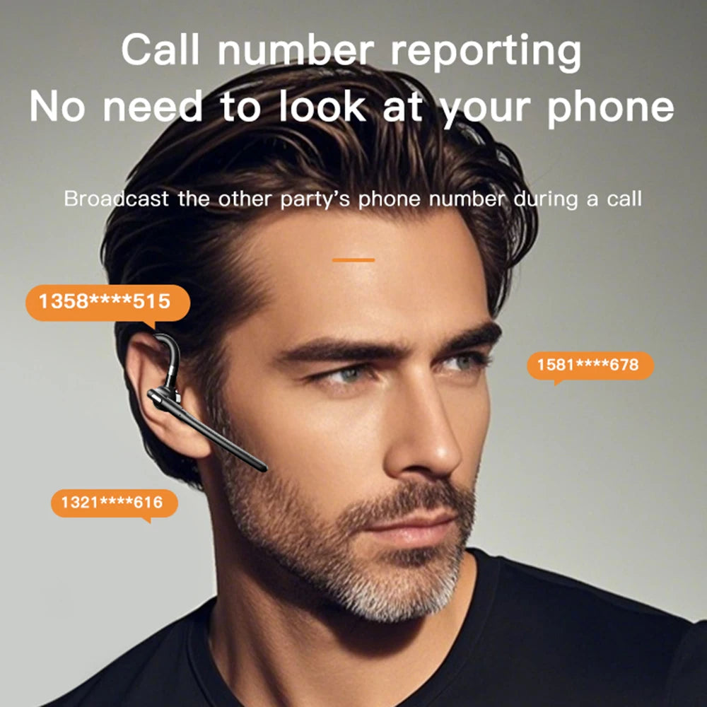 A man wearing a sleek black wireless Bluetooth earpiece with a boom microphone for hands-free calling.