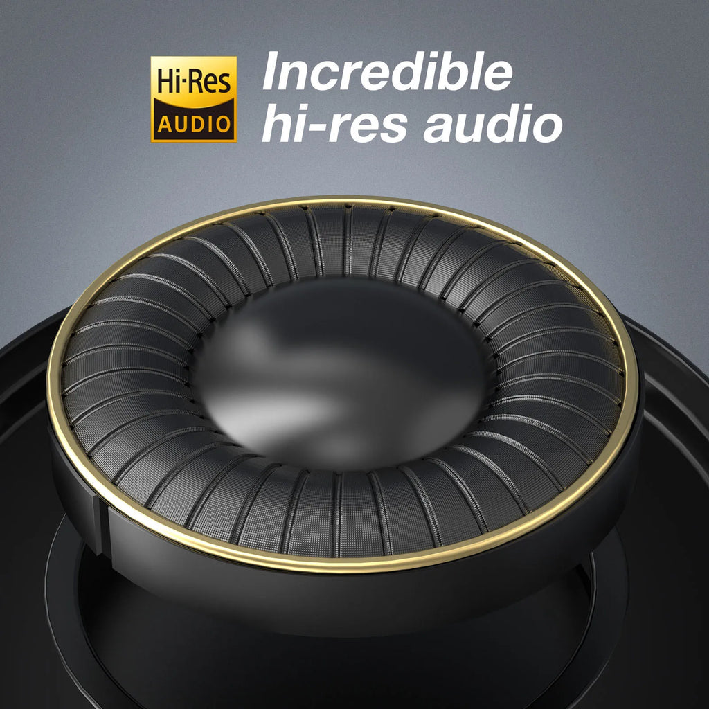Black studio headphone earcup with gold trim and Hi-Res Audio certification text.