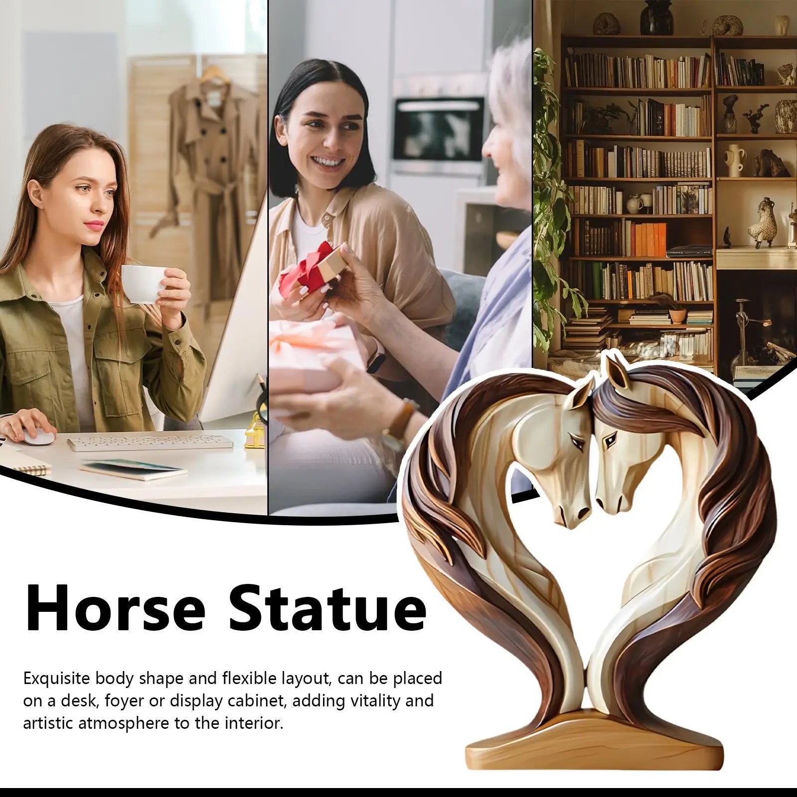 Decorative wooden horse statue featuring two horses forming a heart shape in smooth light and dark brown wood tones.