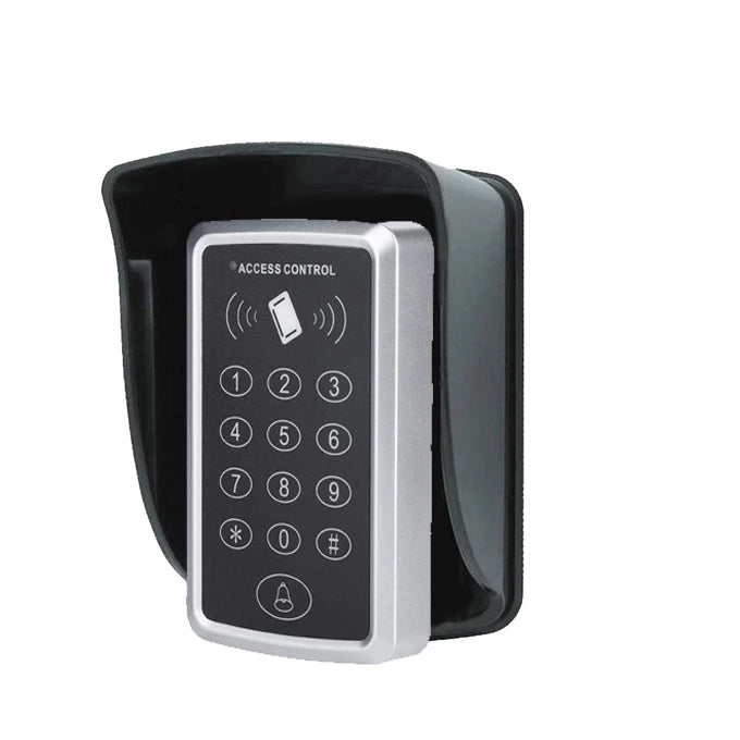 Silver and black metal access control keypad with a RFID card reader and a protective rain cover.