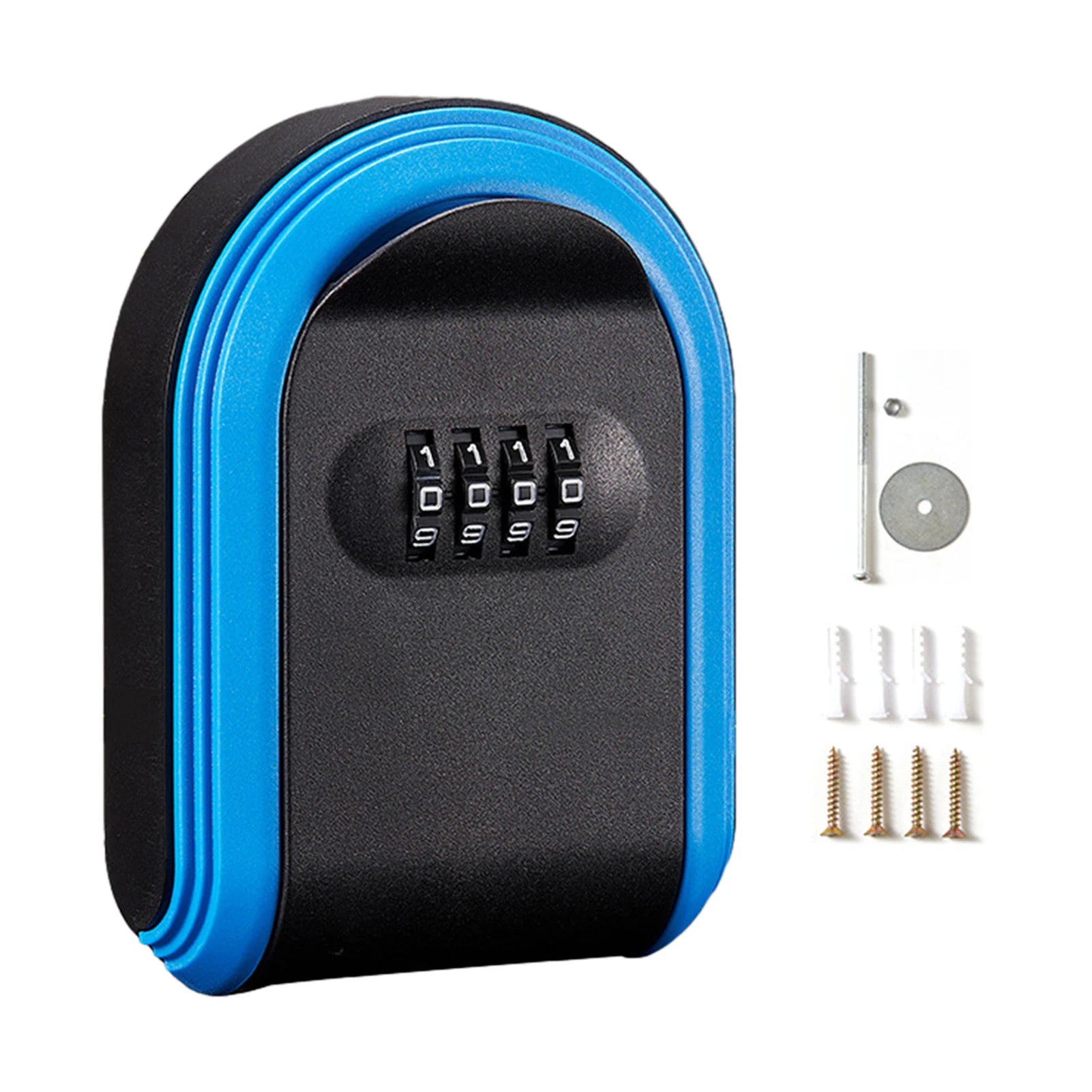 Black and blue metal key lock box with a four-digit combination dial, including mounting screws and wall anchors.