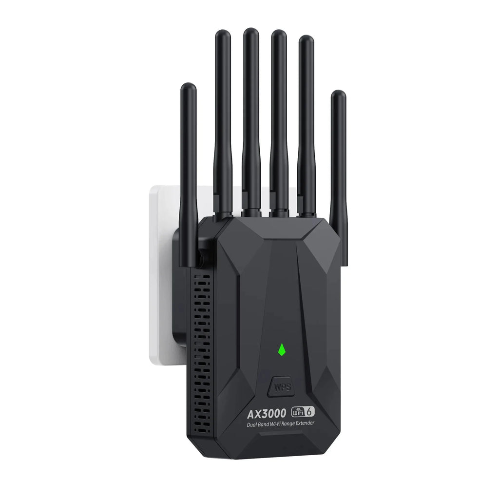Black WiFi 6 dual-band plug-in signal booster with five external antennas and a green status indicator light.