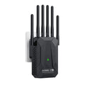 Black WiFi 6 dual-band plug-in signal booster with five external antennas and a green status indicator light.