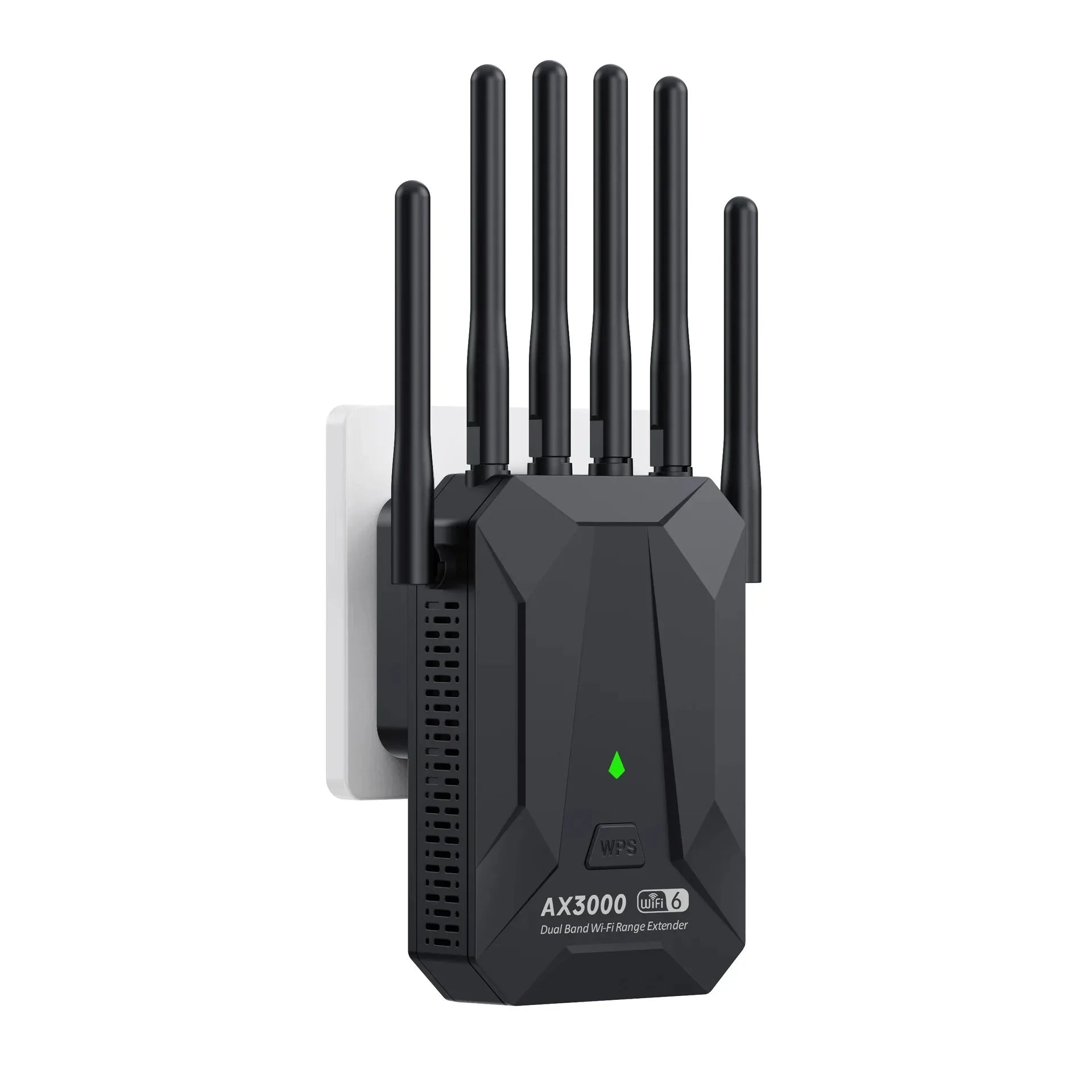 Black WiFi 6 dual-band plug-in signal booster with five external antennas and a green status indicator light.