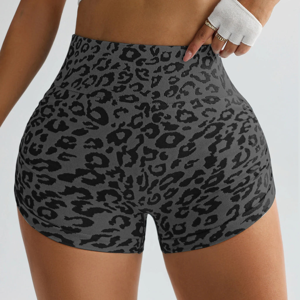 Grey leopard print high-waist workout gym shorts with a tight, form-fitting design.