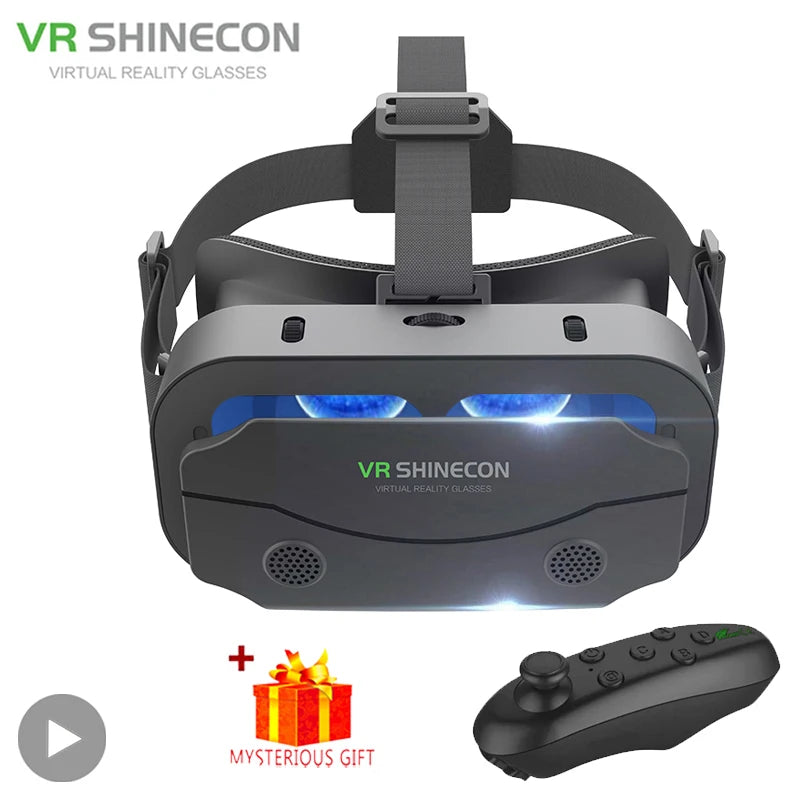 Dark grey VR headset with adjustable head straps, blue glowing lenses, and a matching handheld controller.