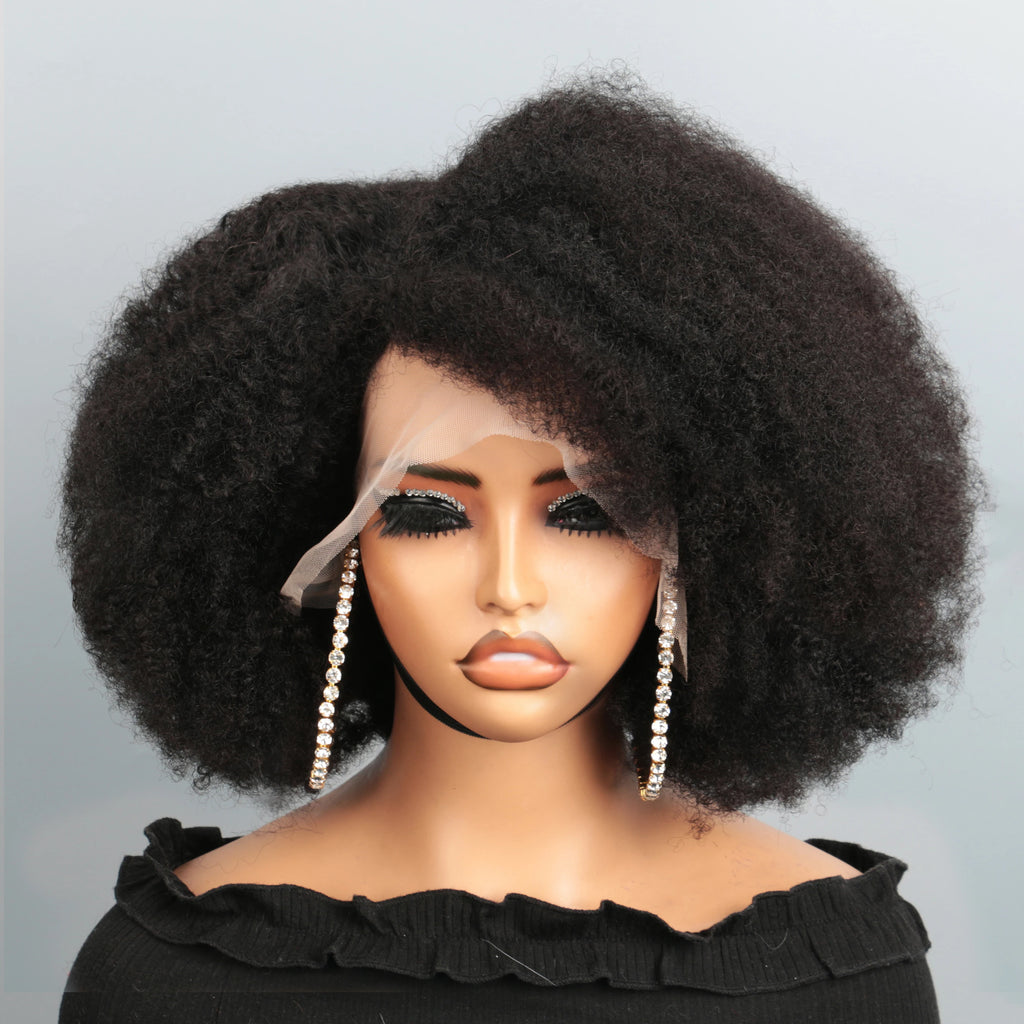 Black kinky curly human hair bob lace front wig on mannequin with natural hairline and voluminous afro style.