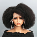 Black kinky curly human hair bob lace front wig on mannequin with natural hairline and voluminous afro style.
