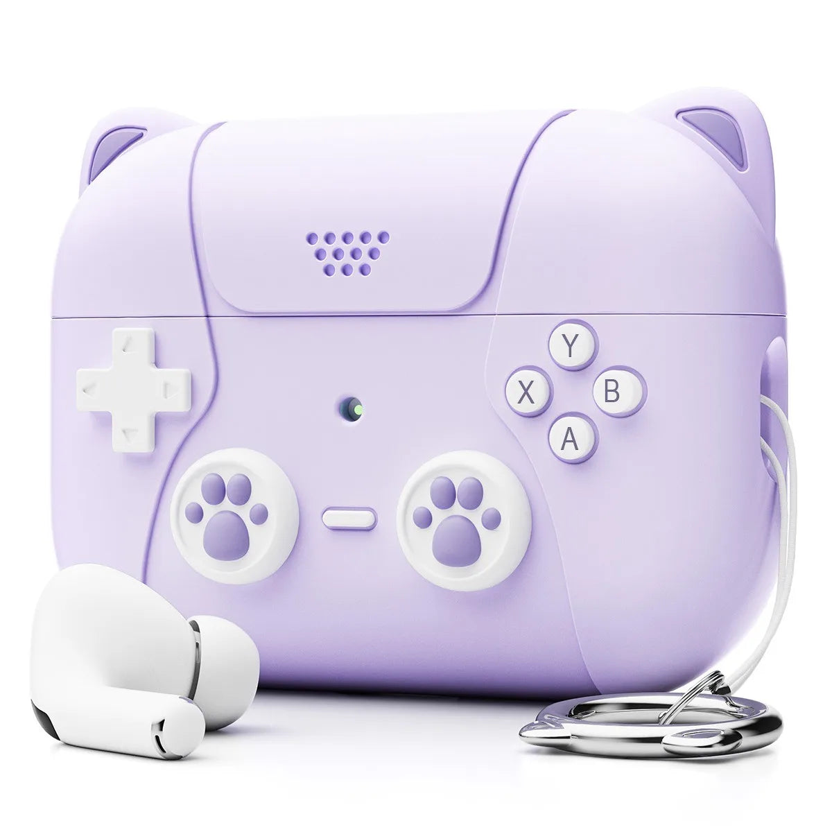 Lilac silicone AirPods Pro case with cat ears, gaming controller design, paw print thumbsticks and a metal keychain.