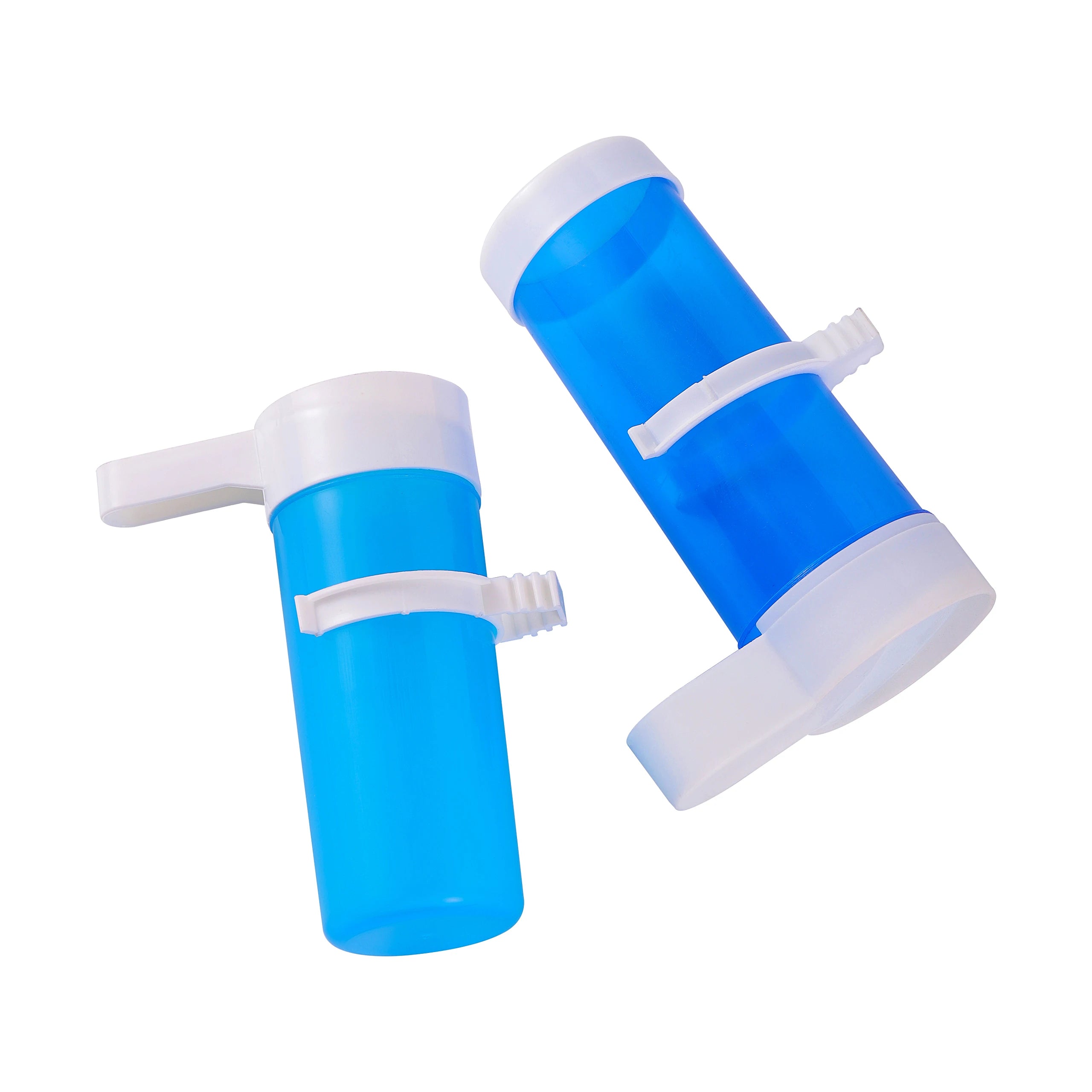 Two blue, cylindrical plastic small animal water bottles with white caps and mounting clips.