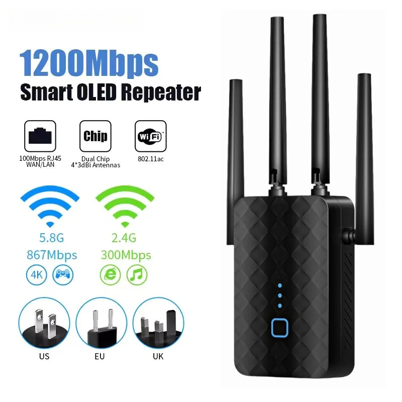 Black dual-band WiFi range extender with four external antennas and indicator lights. Includes plug-type illustrations.