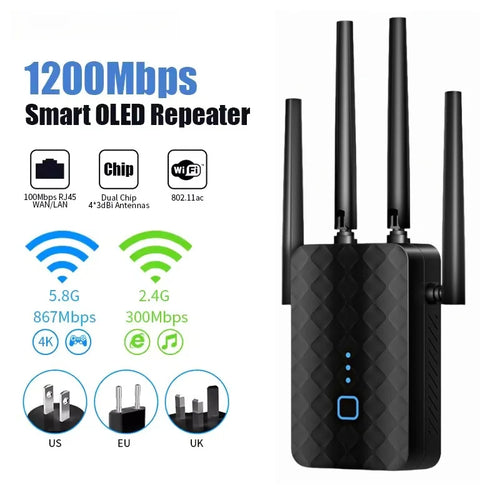 Black dual-band WiFi range extender with four external antennas and indicator lights. Includes plug-type illustrations.
