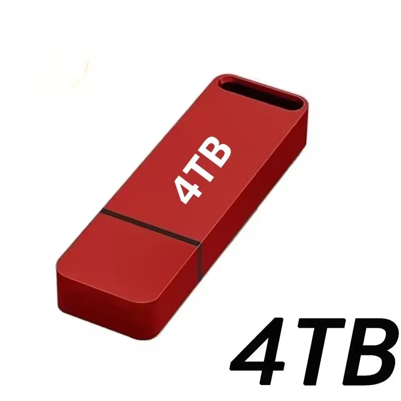 A compact red portable flash drive with a rectangular design and a built-in keyring slot.