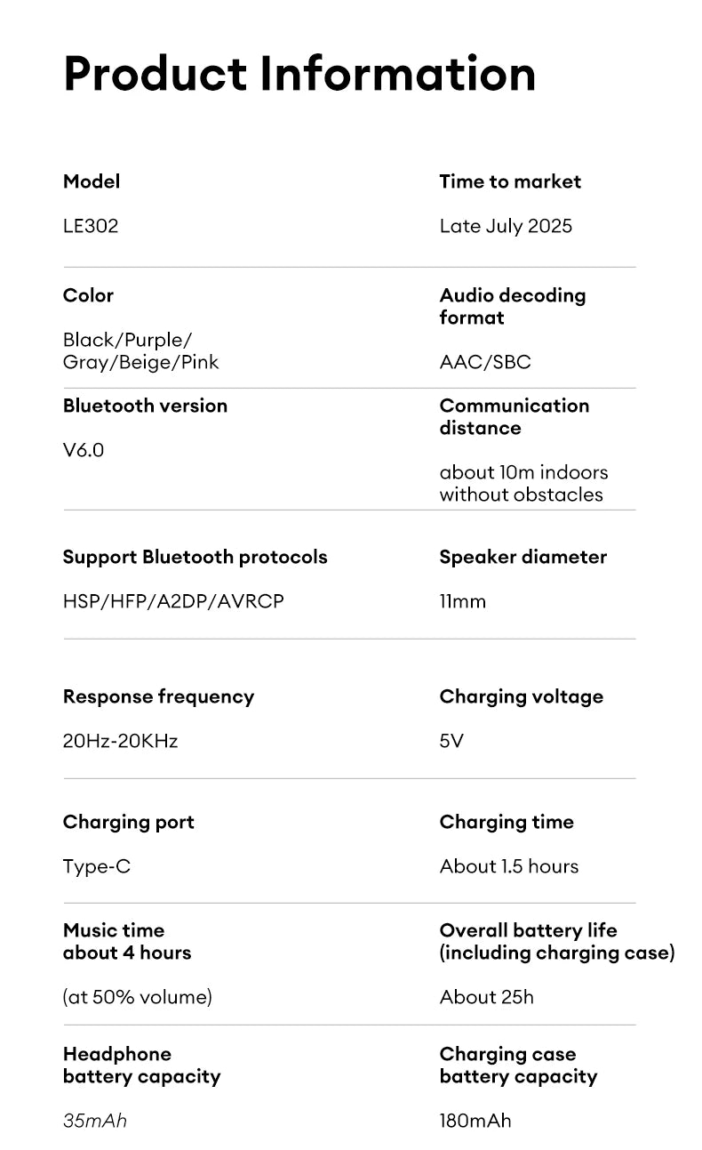 Technical specifications table for wireless headphones available in black, purple, gray, beige, and pink.