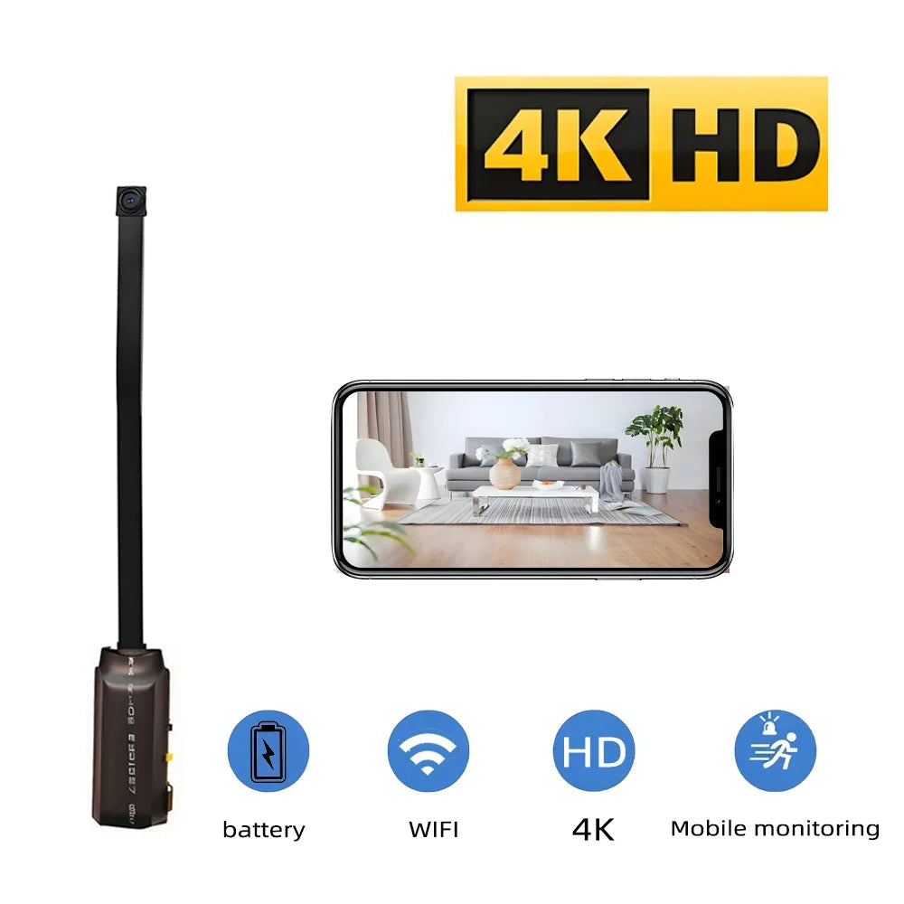 Black DIY WiFi spy camera with a long ribbon cable, 4K HD resolution, battery power, and mobile monitoring app.