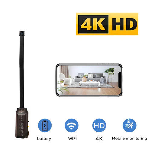 Black DIY WiFi spy camera with a long ribbon cable, 4K HD resolution, battery power, and mobile monitoring app.